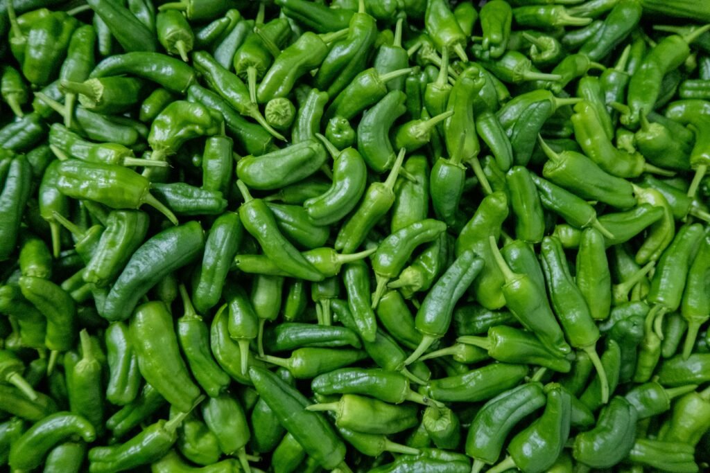 green chili peppers on green leaves