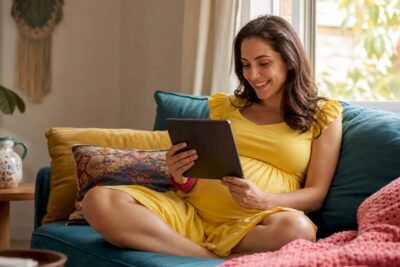 Pregnant woman entering due date on app