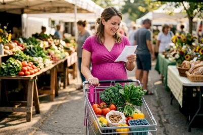 Pregnant woman shopping at grocery store aisle