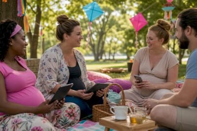 Expectant parents engaging with pregnancy communities on devices