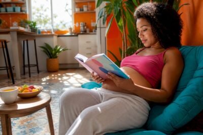 Pregnant woman reading pregnancy guidebook at home