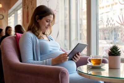 Pregnant woman using online pregnancy community app