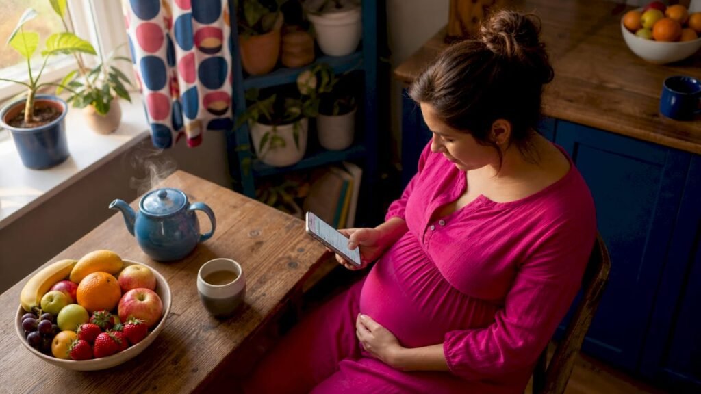 Pregnant woman using health monitor at home