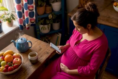 Pregnant woman using health monitor at home