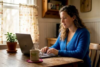 Pregnant woman using pregnancy gifting platform on laptop