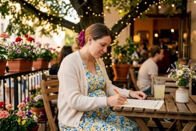 Pregnant woman reviewing pregnancy checklist at home