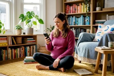 Pregnant woman tracking mood on smartphone