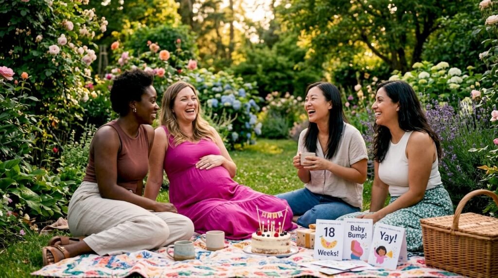 Pregnant woman celebrating milestone at home with friends