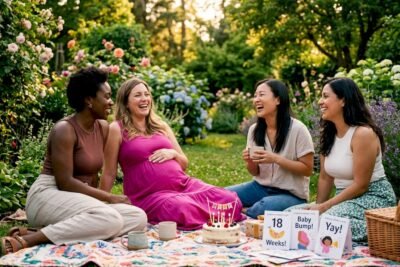 Pregnant woman celebrating milestone at home with friends