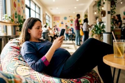 Pregnant woman using pregnancy app on smartphone