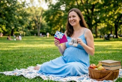Woman contemplating pregnancy announcement timing
