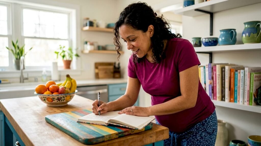 Pregnant woman writing gender prediction notes