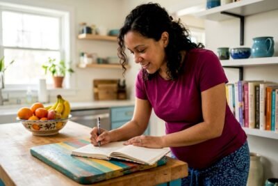 Pregnant woman writing gender prediction notes