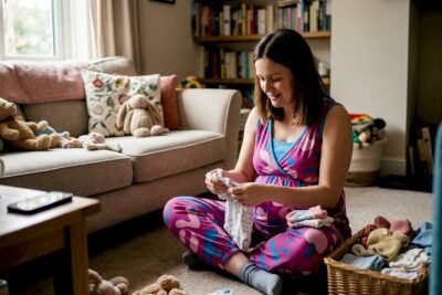 Pregnant woman organizing nursery clothes