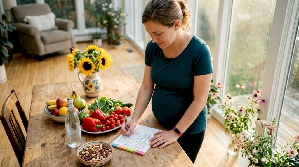 Pregnant woman planning meal in kitchen