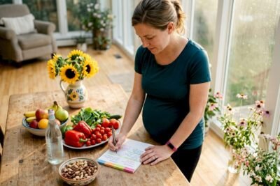 Pregnant woman planning meal in kitchen