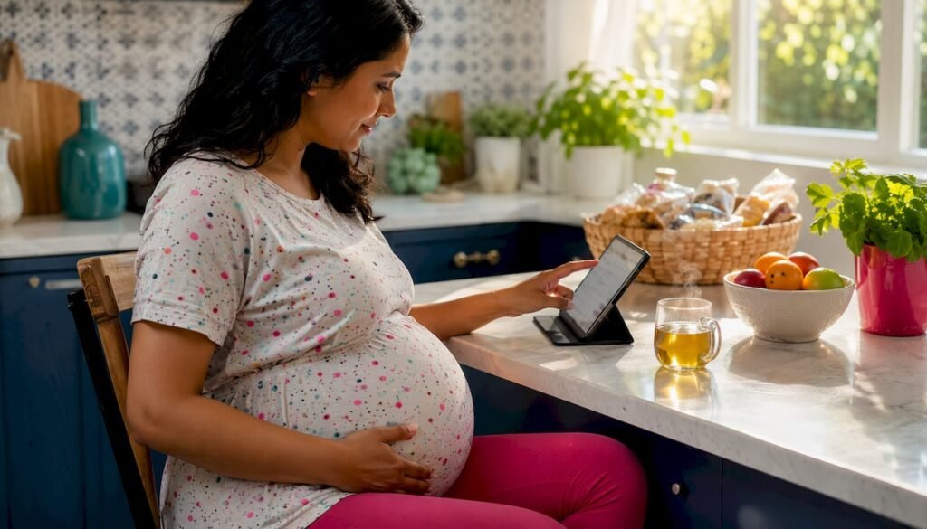 Pregnant woman using tablet for coaching