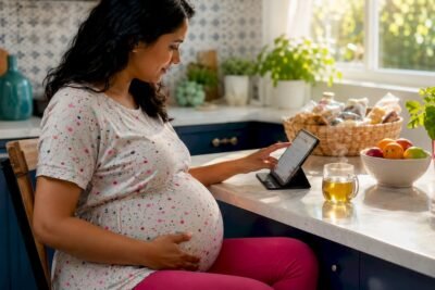 Pregnant woman using tablet for coaching