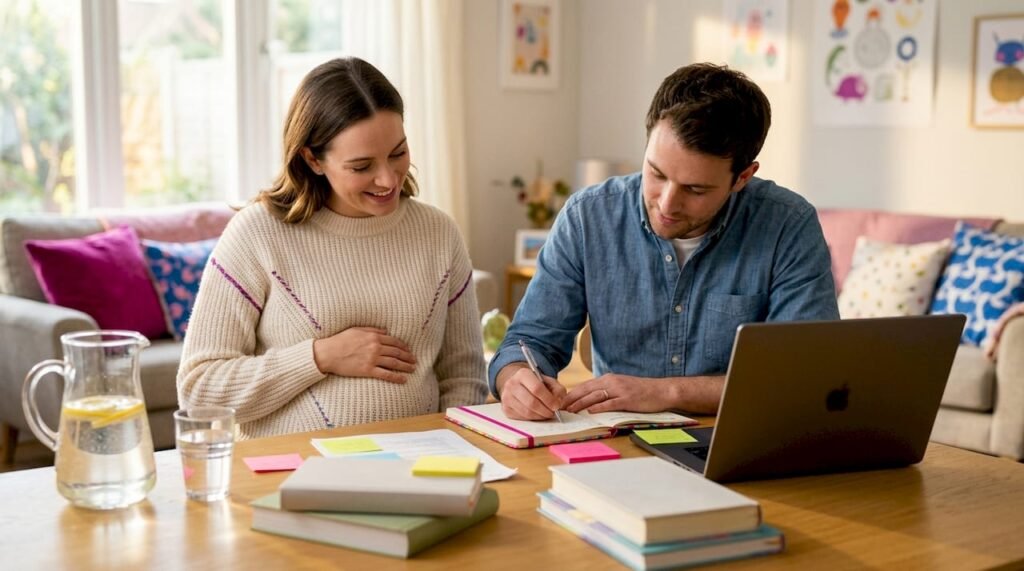 Expectant couple planning pregnancy budget at home