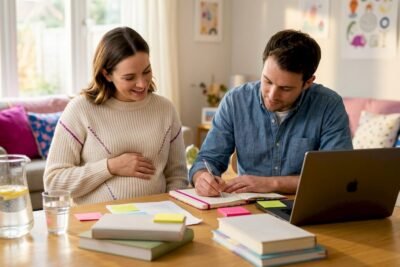 Expectant couple planning pregnancy budget at home