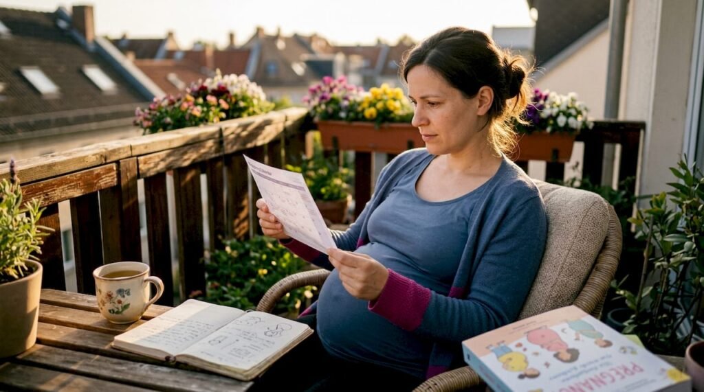 Pregnant woman reviewing pregnancy calendar at home