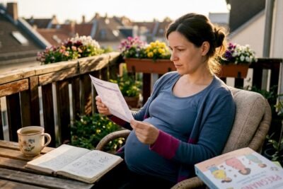 Pregnant woman reviewing pregnancy calendar at home