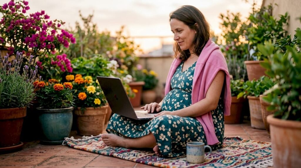 Pregnant woman downloading report on laptop