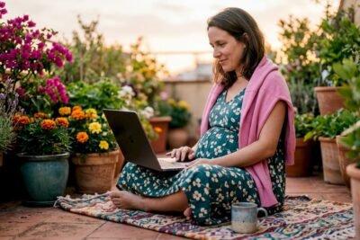 Pregnant woman downloading report on laptop